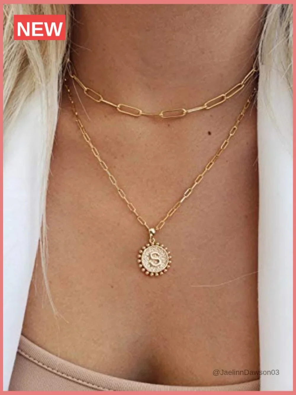Layered Initial Necklace Set Gold Paperclip Chain 14K Plated Dainty
